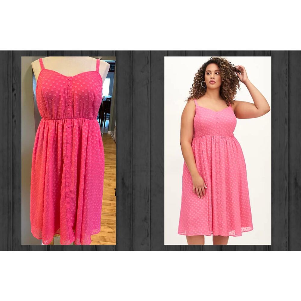 New Torrid 2 (2X 18/20) Bright Pink‎ Clip Heart Chiffon Button Front Midi Dress